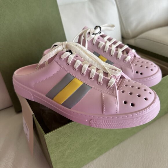 Gucci Pink Mules with Yellow and Gray Stripes - Picture 4 of 8